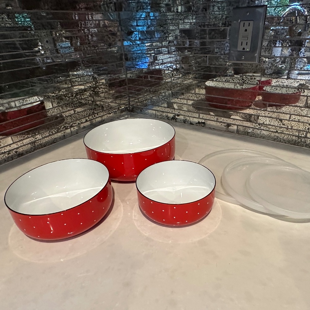VTG Set 3 Ampleur Ejiry Japan Red White Diamond Dot Nesting Enamel Bowls w Lids!